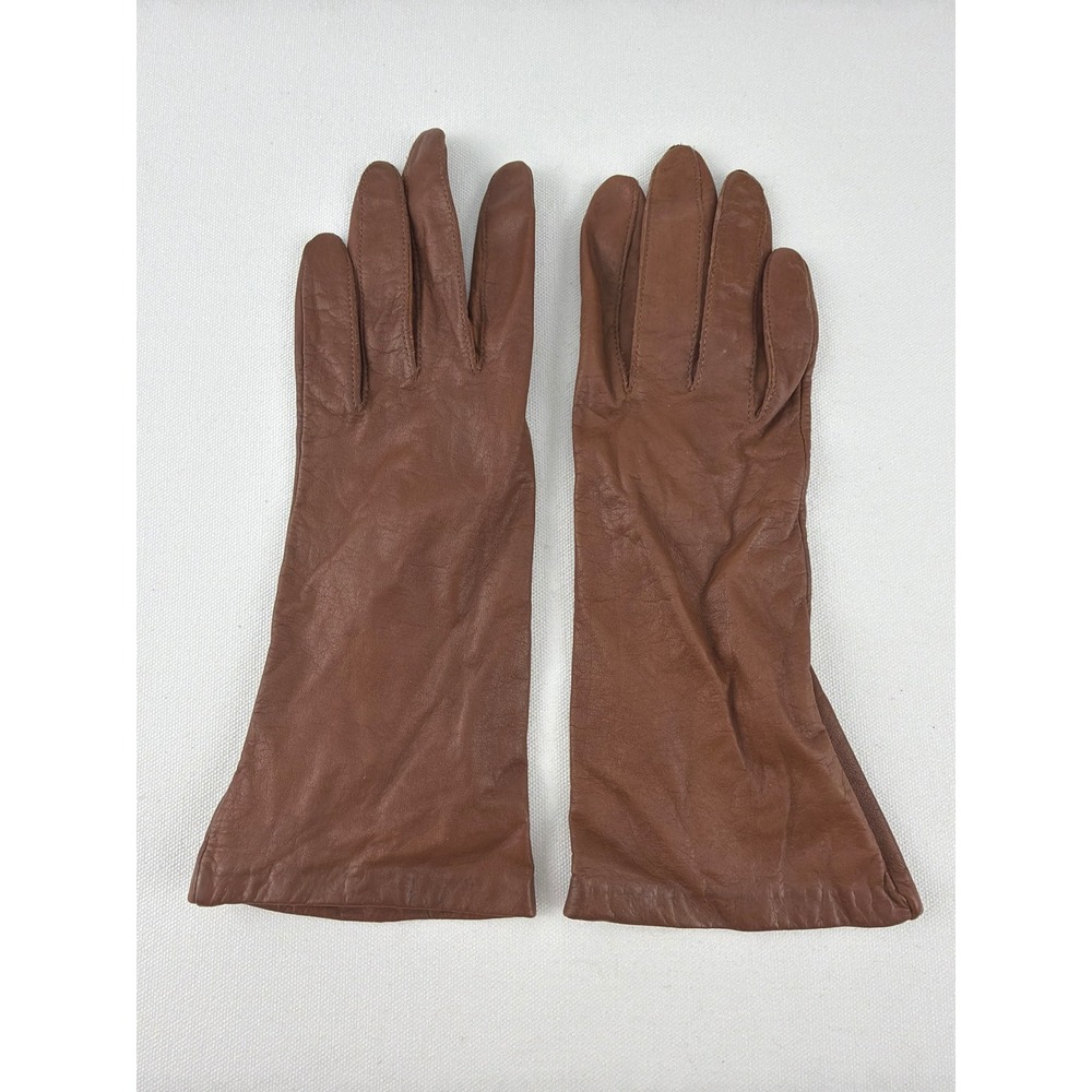 Aris Soft Leather Gloves Women 6.5 Brown Mid Length Lined Vintage Dark Academia